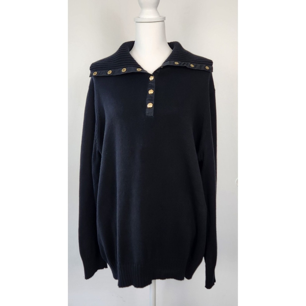 Lauren Ralph Lauren Womens Black Knit Snap Neck Cotton Pullover Sweater L XL